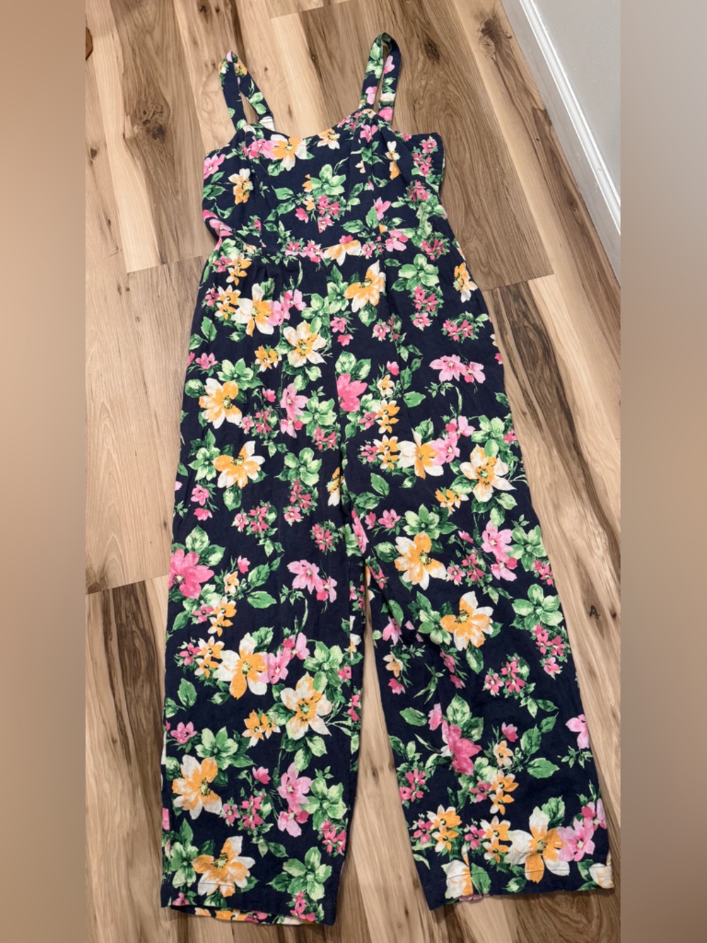 Women’s Old Navy Floral Linen romper Wide Leg Smocked Back navy Pink Yellow XL